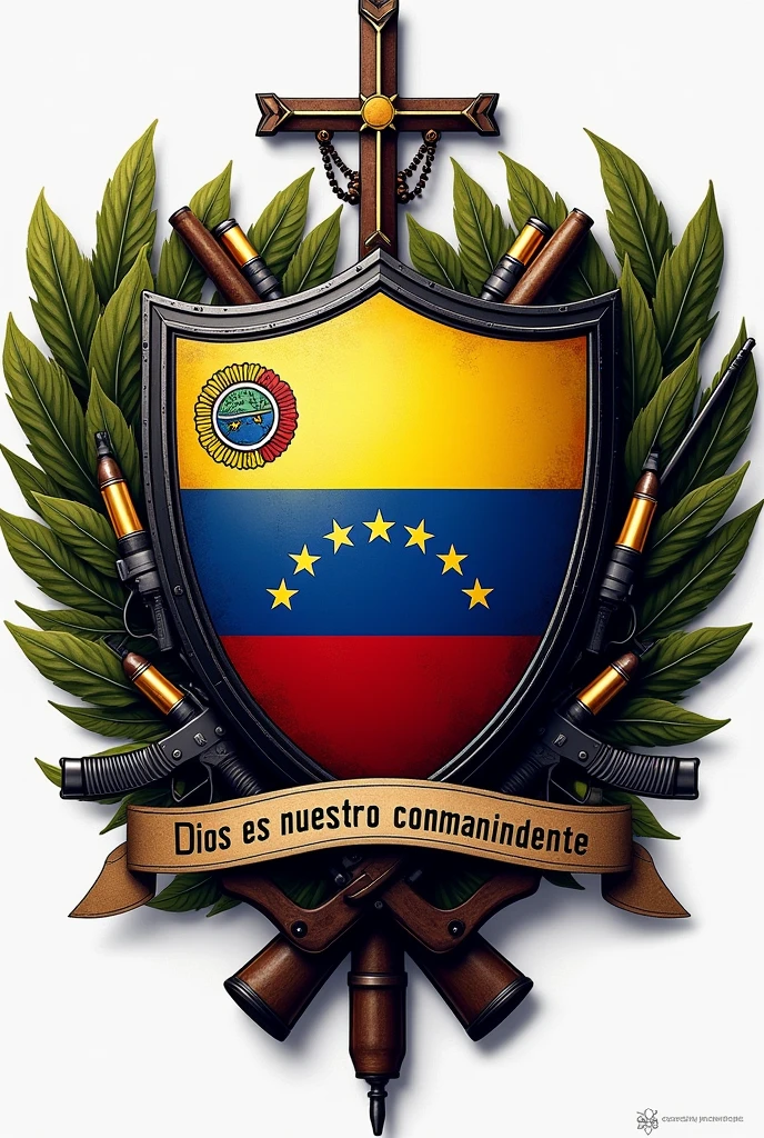 Create a military emblem for the Venezuelan resistance movement, called PLAN Z, incorporate weapons and the phrase or slogan God is our Commander to improve it within a clearly Venezuelan emblem, Excellent, just change the phrase: God is our Commander, to Spanish and the Venezuelan flag inside the shield, improve it, otherwise leave everything the same, execute the order exactly as I gave it to you, don't change anything, the one I want is the previous example to this one