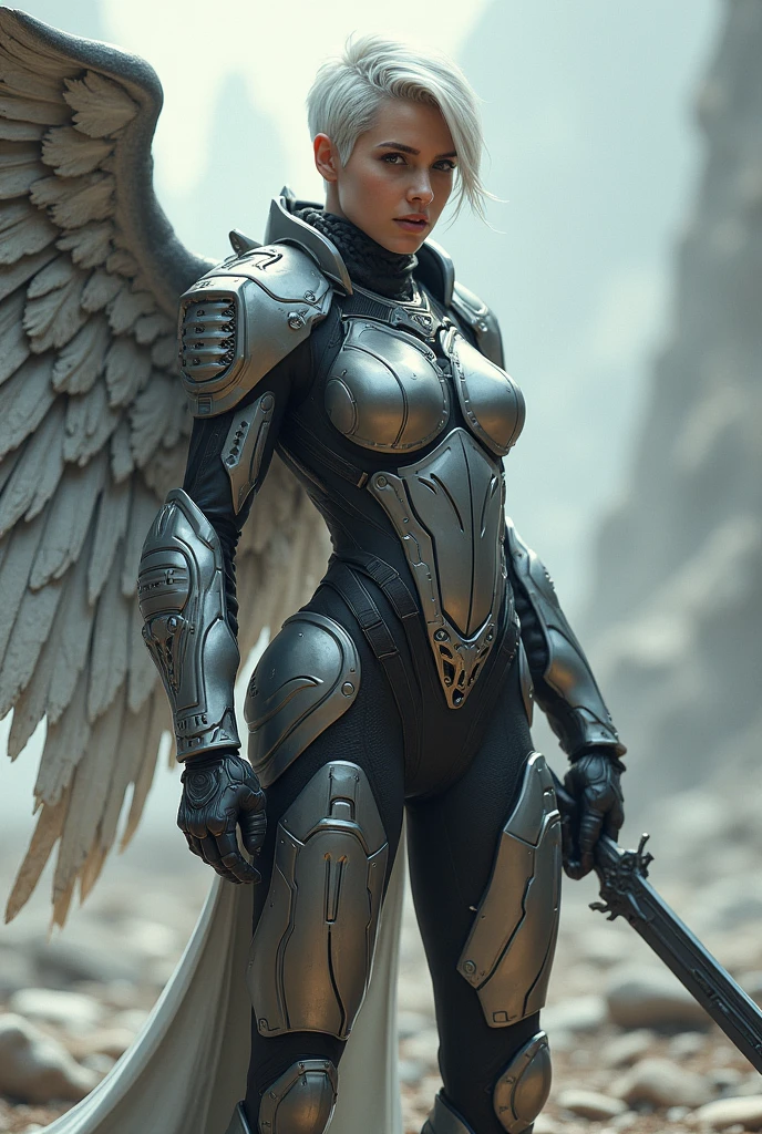 Valkyrie with white hair pixie cut hair style, great physique, great beauty wearing an advanced adventure outfit carrying a long sword