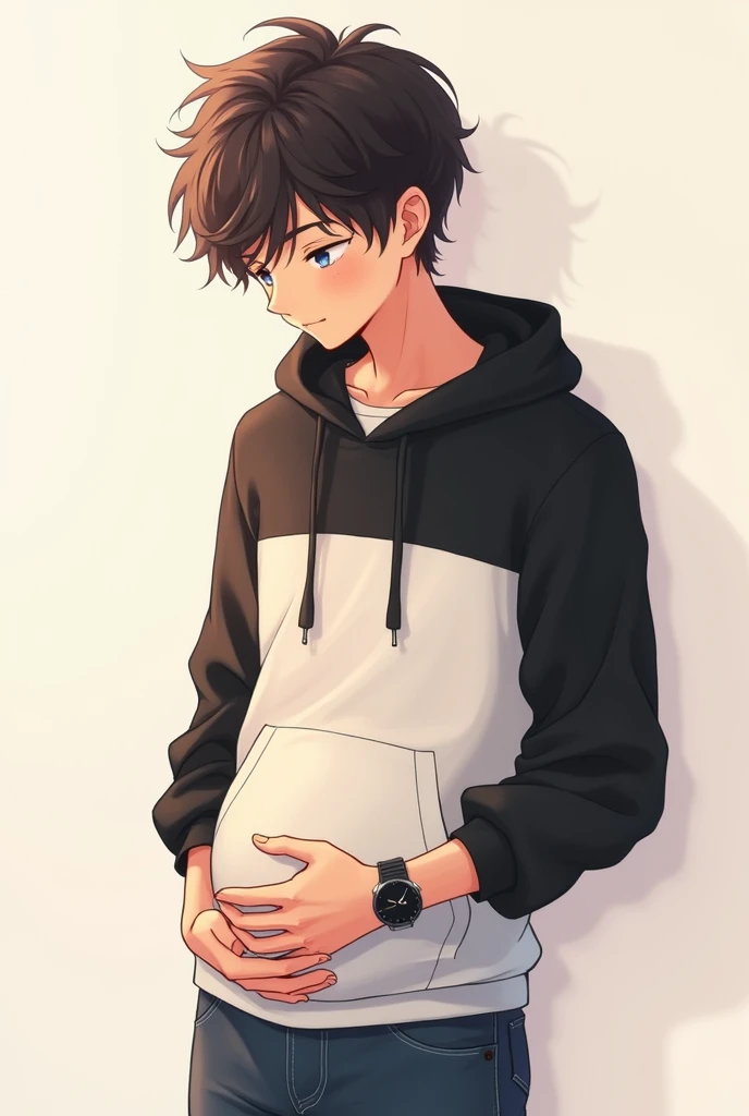 A Cute Handsome Boy 1 boy Wearing white and Black Hoodie and jeans and watch on hand and fluffy hair and 1  faint baby  In stomach and hand on stomach..Anime