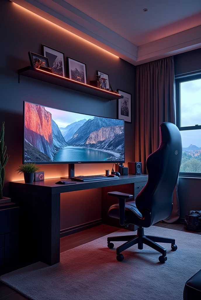 Imagine stepping into the ultimate gaming room, a perfect blend of comfort, technology, and aesthetics designed to create an immersive experience for any gamer. The room is spacious yet cozy, with walls painted in a deep, matte charcoal color that contrasts beautifully with soft, ambient lighting, casting a warm glow around the room. The centerpiece is an ultra-wide, curved monitor setup, flanked by dual high-resolution displays, all mounted on a sleek, dark wood desk. The monitors are paired with a top-of-the-line gaming PC, boasting RGB lighting that synchronizes with the games being played, shifting colors and patterns to match in-game actions.
To the right of the desk, a high-end gaming chair made from plush, black leather with ergonomic features promises hours of comfort. It has customizable armrests, lumbar support, and adjustable reclining angles to ensure that no matter how intense the gaming session, the player remains in comfort. Above the desk, a shelf proudly displays limited-edition gaming collectibles—rare action figures, miniature models, and memorabilia from iconic franchises, carefully arranged under a soft spotlight.
Across the room, a massive 75-inch 4K OLED TV dominates one wall, perfect for console gaming and movie nights. The TV is flanked by two large speakers, part of a surround sound system that delivers crystal-clear audio with deep, immersive bass, making every explosion, dialogue, and footstep in a game feel incredibly real. Beneath the TV, a custom-built entertainment center houses the latest gaming consoles: a PlayStation 5, Xbox Series X, and a Nintendo Switch, all neatly organized with wireless controllers charging on elegant stands.
Behind the gaming setup, the rest of the room is designed for relaxation and socializing. A large, L-shaped sectional sofa, upholstered in dark grey fabric, sits on a soft, deep-blue area rug, offering a comfortable spot for friends to gather and watch gaming sessions. In front of the sof