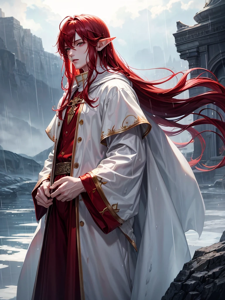 1 male, adult male, elf, red hair, long hair, red eyes, white clothes, long white cloak, plump lips, straight nose, cloudy sky, rain, wet hair, wet clothes, detailed background, deep blue lake
