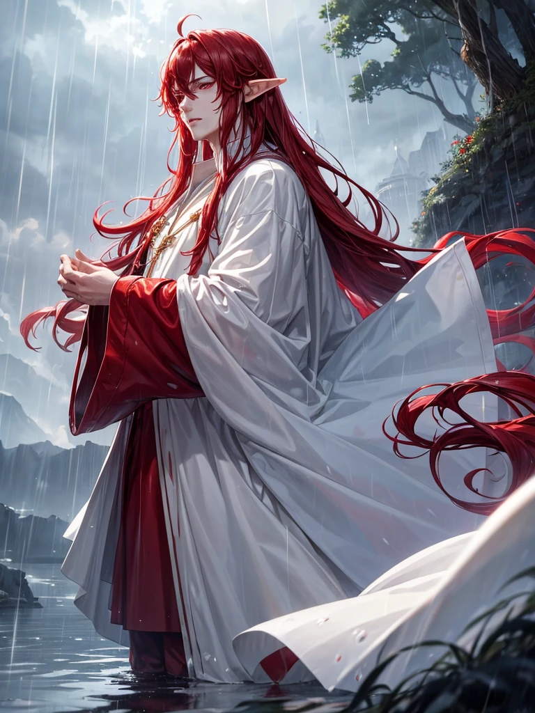 1 male, adult male, elf, red hair, long hair, red eyes, white clothes, long white cloak, plump lips, straight nose, cloudy sky, rain, wet hair, wet clothes, detailed background, deep blue lake