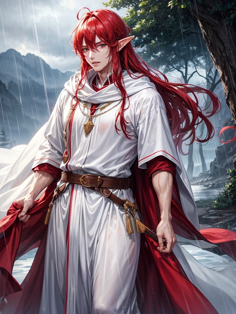 1 male, adult male, elf, red hair, long hair, red eyes, white clothes, long white cloak, plump lips, straight nose, cloudy sky, rain, wet hair, wet clothes, detailed background, deep blue lake