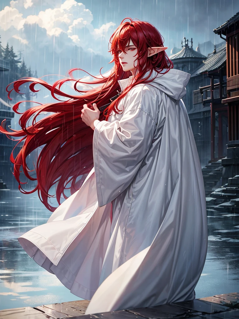 1 male, adult male, elf, red hair, long hair, red eyes, white clothes, long white cloak, plump lips, straight nose, cloudy sky, rain, wet hair, wet clothes, detailed background, deep blue lake