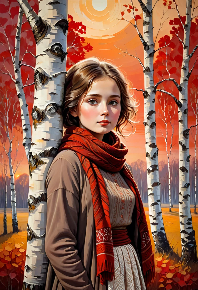 a young Russian girl, against the background of a scarlet sunset, complex detailing, aged canvas, "the girl by the white birch" (in the style of Norman-Ackroyd, depicted in oil on canvas), a beautiful girl with brown hair in a scarf, hugging the trunk of a birch tree dressed in a top and maxi skirt with patterns and knitting,