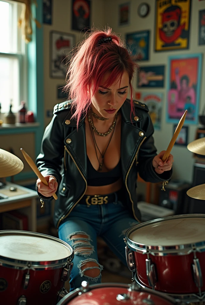 A woman dressed in punk rock plays a drum set in a bedroom.