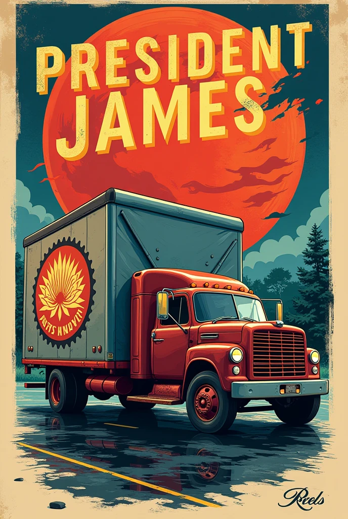 The poster of the parcel delivery truck has the words "President James" and a lotus cogwheel.