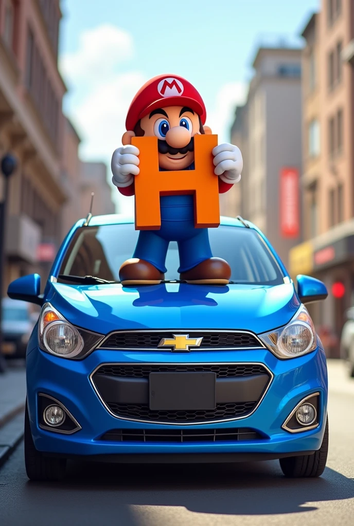 Make a blue Chevrolet Spark with a Mario Bros figure holding an H on it