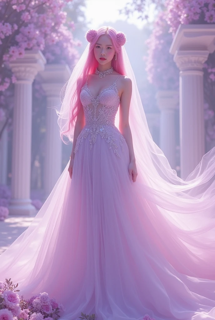 (((lavender violet color, A woman in a wedding dress, lalisa manobal, Album art, Official artwork, very magical and dreamy,Ethereal beauty, Koreainsta Goddess, Ethereal fantasy, celestial goddess, lalisa manoban of blackpink, sakimichan, jaeyeon nam, Ethereal and dreamy, fantasy beautiful,Extra-large big breasts,Blush,Perfect body slim curves, showing a delicate slim figure and graceful curves))), (beautiful long legs:1.3), from below, Sexy erotic Succubus, cute dubble Bun and pink red Hair,