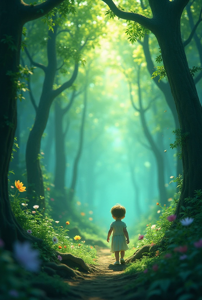 Child, As he fell into a sweet sleep, he suddenly found himself illuminated by a strange light., He found himself in a magical forest adorned with a thousand shades of green..