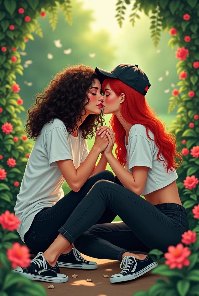 Two women holding hands, not so realistically, are sitting and kissing in a garden. The first girl has well-defined, voluminous curly hair that falls to her shoulders., your clothes are black pants, loose white t-shirt and black sneakers, The second girl has long red hair and a backwards cap. , your clothes match the first girl
