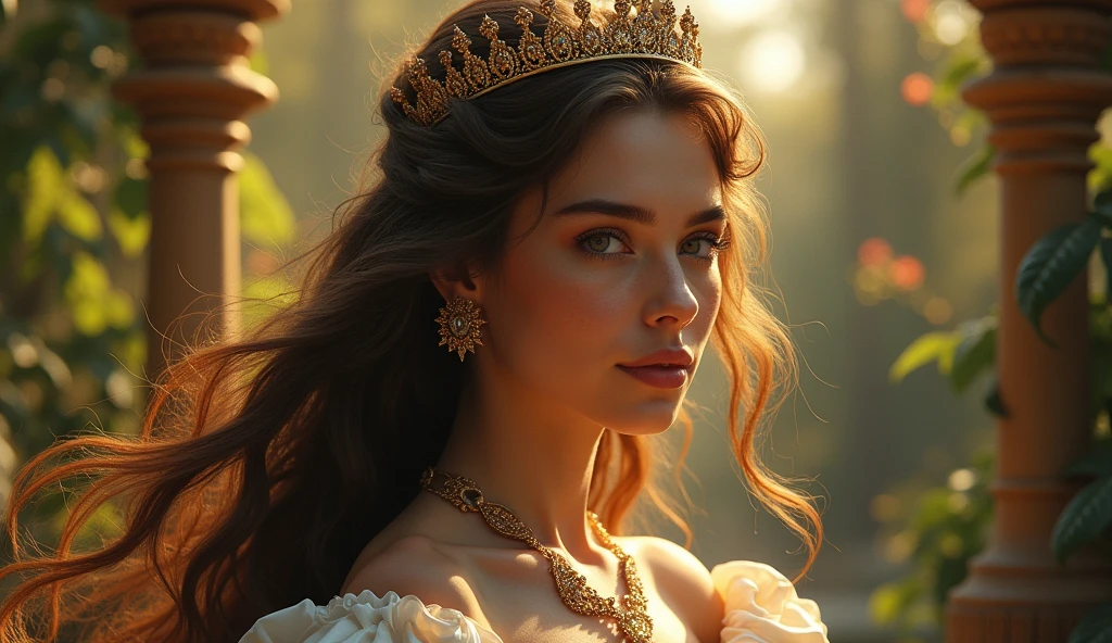 a beautiful detailed portrait of a young woman with long flowing hair, ornate golden crown, elegant baroque dress, surrounded by a serene garden landscape, highly detailed, masterpiece, photorealistic, intricate details, cinematic lighting, warm color palette, glowing skin, dramatic lighting, detailed jewelry and accessories, ornate architectural elements, lush foliage, soft focus background