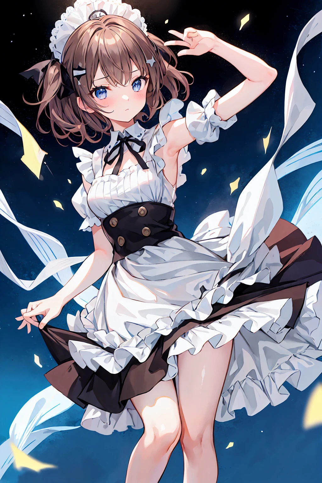 Brown Hair,Shortcuts,Messy Hair,Slender beauty,A dignified posture,Mid-chest,Beautiful feet,Her captivating grey-blue eyes shine like stars,,masterpiece, かわいいイラストのmasterpiece, A maid in a cute pose, Traditional Maid Clothing,Big ribbon ,Shake it,alone, girl,Highest quality, High resolution,
