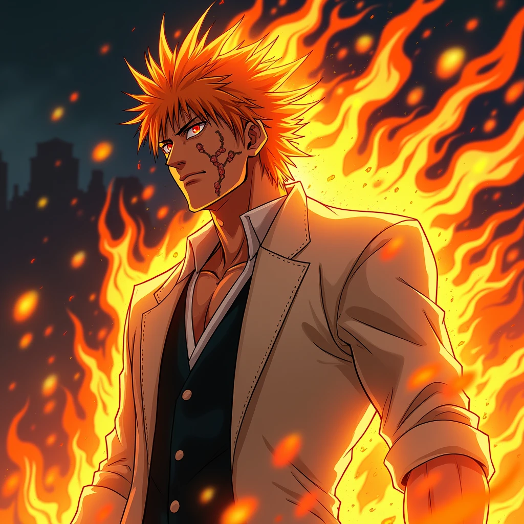 Get ready for a visual feast with ichigo kurosaki, glowing orange hair and tattoo, a being with a handsome face and piercing red eyes. In his transformed state, he radiates extreme instinct and power, making for an epic anime about this energy man. Watch as he controls fire and lava in stunning anime artwork that will leave you in awe. This concept art is straight out of the Bleach Universe, with a manga-style 8k wallpaper that will transport you to another dimension. Prepare to be amazed by this detailed digital anime art, showcasing the ultimate fusion of style and power.