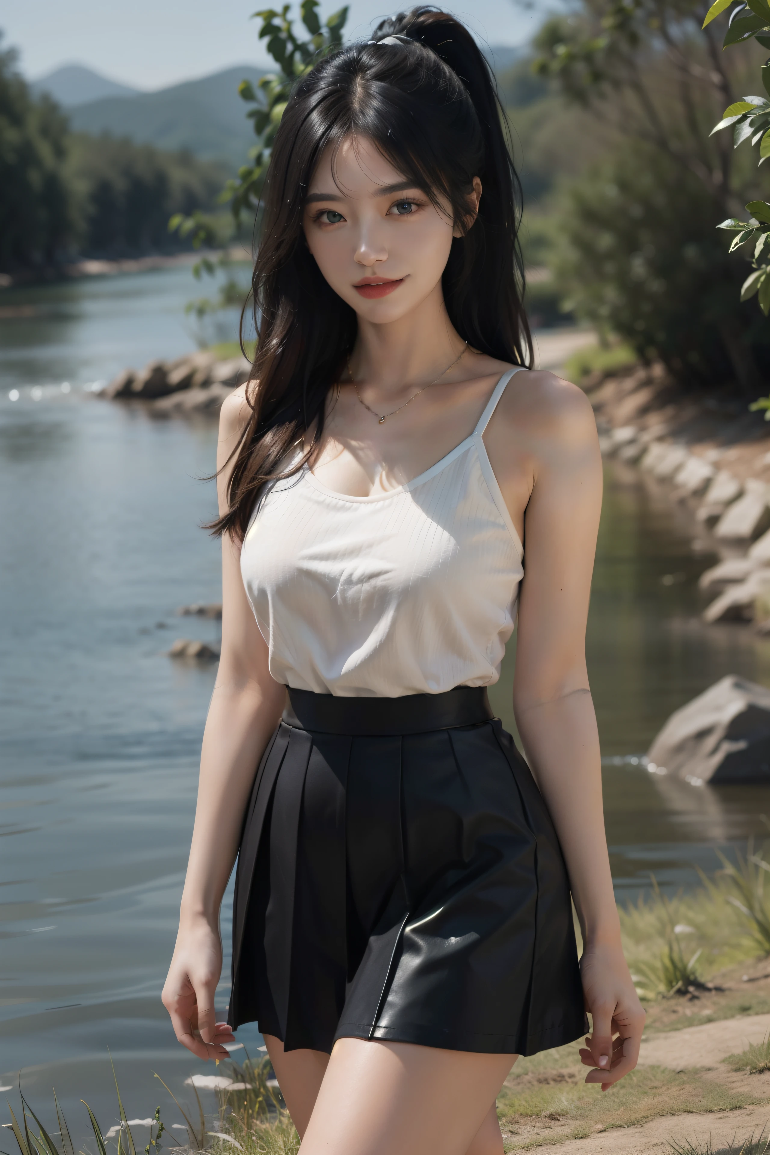 A digital illustration in anime style of a girl standing in a grassy field. She has long black hair styled in a ponytail and blue eyes. She is wearing red hoddi , a  black pleated skirt skirt, black high heels, and a delicate necklace. The image should be ultra-realistic and high resolution (8K), with a clear and sharp depiction. The girl is smiling, dynamic combination, The image is clear and sharp, (Exquisite, sublimation:1.2), Indescribably beautiful, Digital illustration, with beautifully structured features and stunning legs, looking directly at the viewer. The content should be highly detailed, with an exquisite and sublimely beautiful presentation. The background should include a river, adding to the overall masterpiece quality of the illustration.