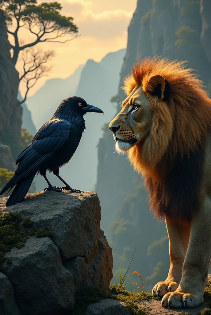 The crow on the rock talks to the lion.