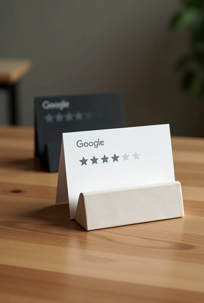In a wooden table i want a photo of a google review stand and 2 cards one black and 1 white
