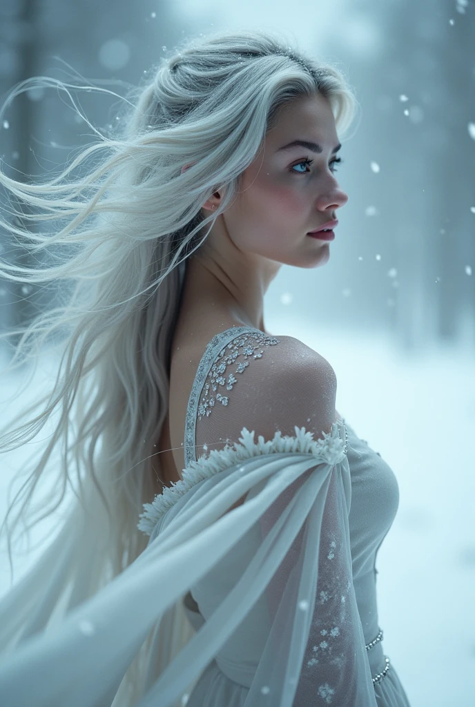 ((masterpiece, Highest quality, Best image quality, High resolution, Realistic, RAW Photos, 8k)), Silver-haired woman, Real perfection, cute,Perfect Standing Position,It's snowing,The wind is blowing and my hair and clothes are flying,mysterious,Fantasy,Realistic lighting, Rear view,