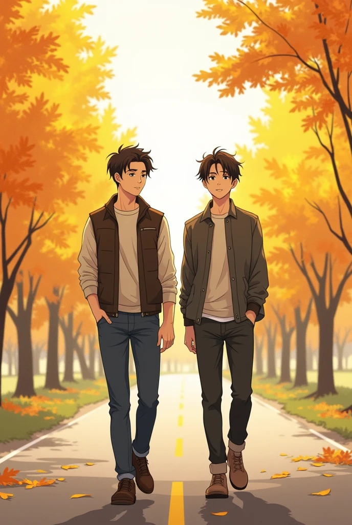 Mature manhua drawing style like Chinese comics: Two boys were walking side by side on a beautiful road in the middle of autumn., two rows of yellow leaves. Một chàng trai mặt vest và một chàng trai mặt áo gile và áo sơ mi