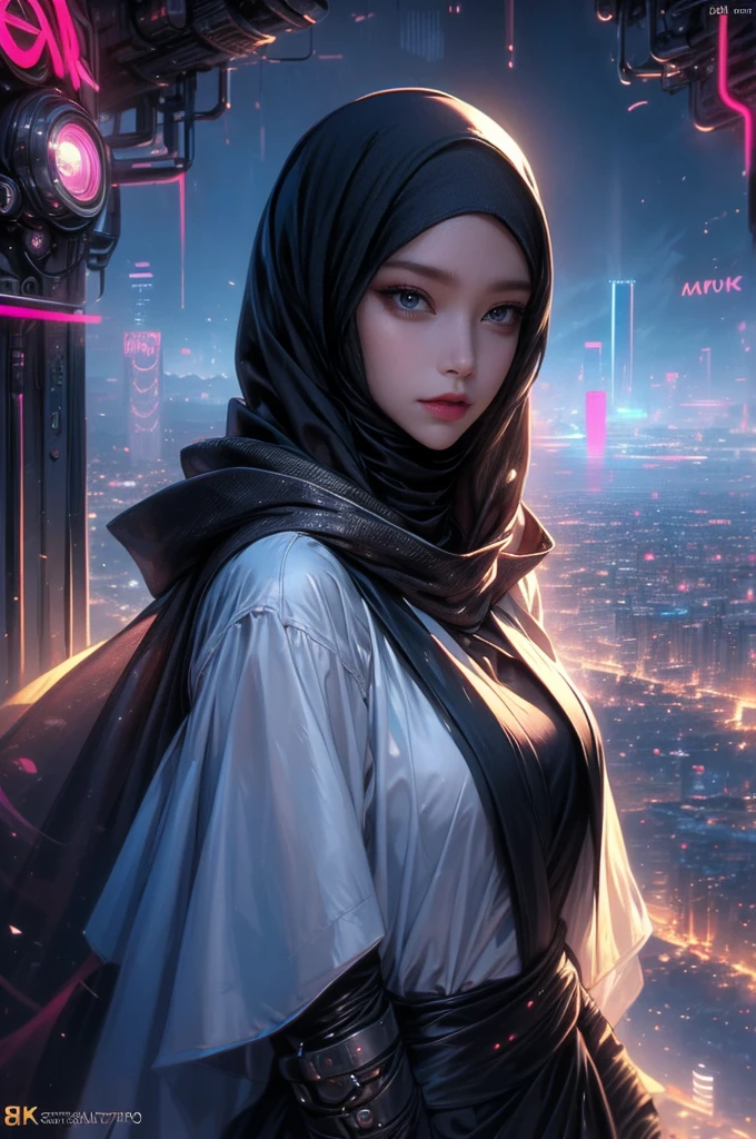 (Neon Cyberpunk Hijab: 1.5), wearing sunhat, [Style: Neon Cyberpunk: 1.3], (RAW Photos: 1.2), (Perfect Eyes: 1.5)),  (Photorealistic: 1.4), (Masterpieces: 1.3), (Best Quality: 1.4), Dreamy, (Detailed Eyes), (Detailed Facial Features), ( (8k:1.27), best quality, masterpiece, Hijab hair, ultra highres:1.2) Photo of Pretty woman (beautiful:1.1) (sci-fi woman:1.1), (Hijab cloak: 1.61) (Hijab leather Coat:1.21) intricate elegant, fantasy, detailed, ometric by greg rutkowski and alphonse mucha, gradient lighting