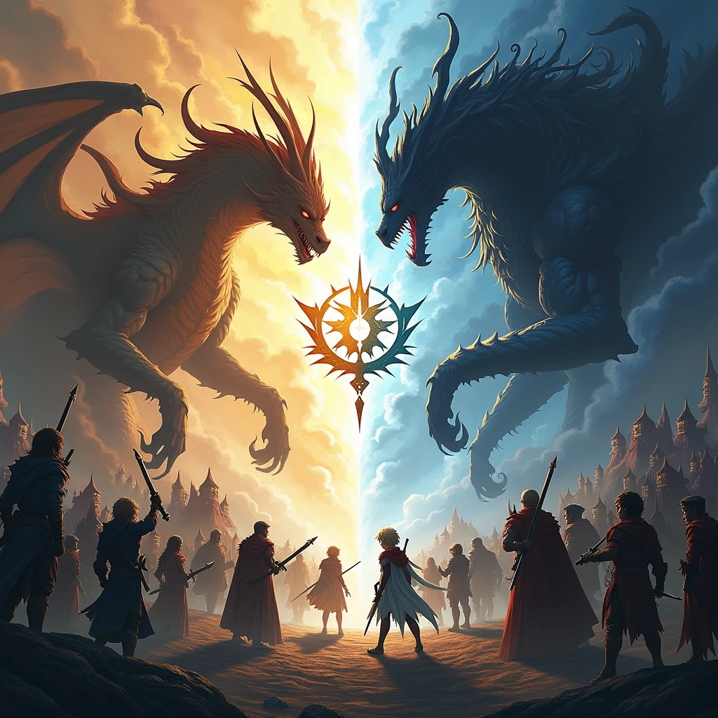 A image with two side , one side consists of human , elves, dragon , beast folks and they are clashing with
the opposite side a ferocious dark, shadowy being with twisted nightmarish forms . They look like dark black ghost .
The background forms with one side different colour giving a feeling of peace, light golden color and and another side with gives a feeling of creepy terrifying.
High Resolution, Depth Of Field, Best Quality.
Write a word Ultinum Crest .
Anime Style, Chaos, Hyperdetailed, OP Art,