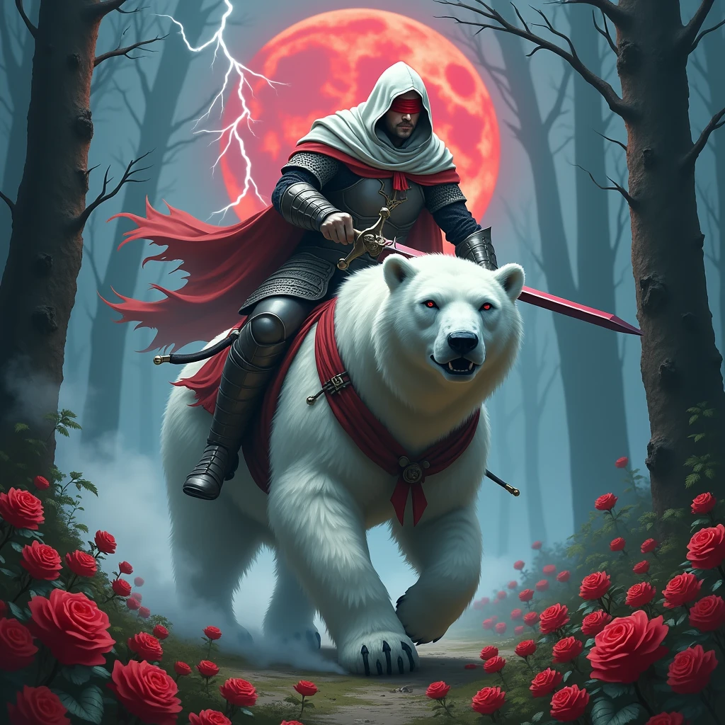 Male knight with a white hood with bear ears wielding a red double-edge sword is riding a polar bear in a forest while the moon shines, many Roses cover the ground and lightning falls from the sky. The polar bear has black eyes and an aggressive appearance. Only the man wears a red blindfold. In the background of the picture is the blood moon. The forest is full of trees with leaves.