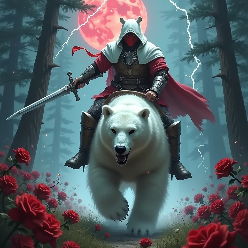 Male knight with a white hood with bear ears wielding a red double-edge sword is riding a polar bear in a forest while the moon shines, many Roses cover the ground and lightning falls from the sky. The polar bear has black eyes and an aggressive appearance. Only the man wears a red blindfold. In the background of the picture is the blood moon. The forest is full of trees with leaves.