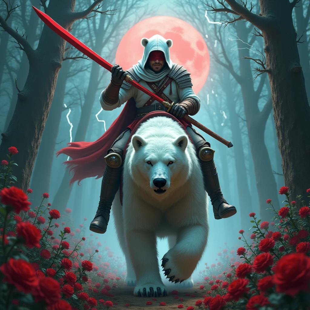 Male knight with a white hood with bear ears wielding a red double-edge sword is riding a polar bear in a forest while the moon shines, many Roses cover the ground and lightning falls from the sky. The polar bear has black eyes and an aggressive appearance. Only the man wears a red blindfold. In the background of the picture is the blood moon. The forest is full of trees with leaves.
