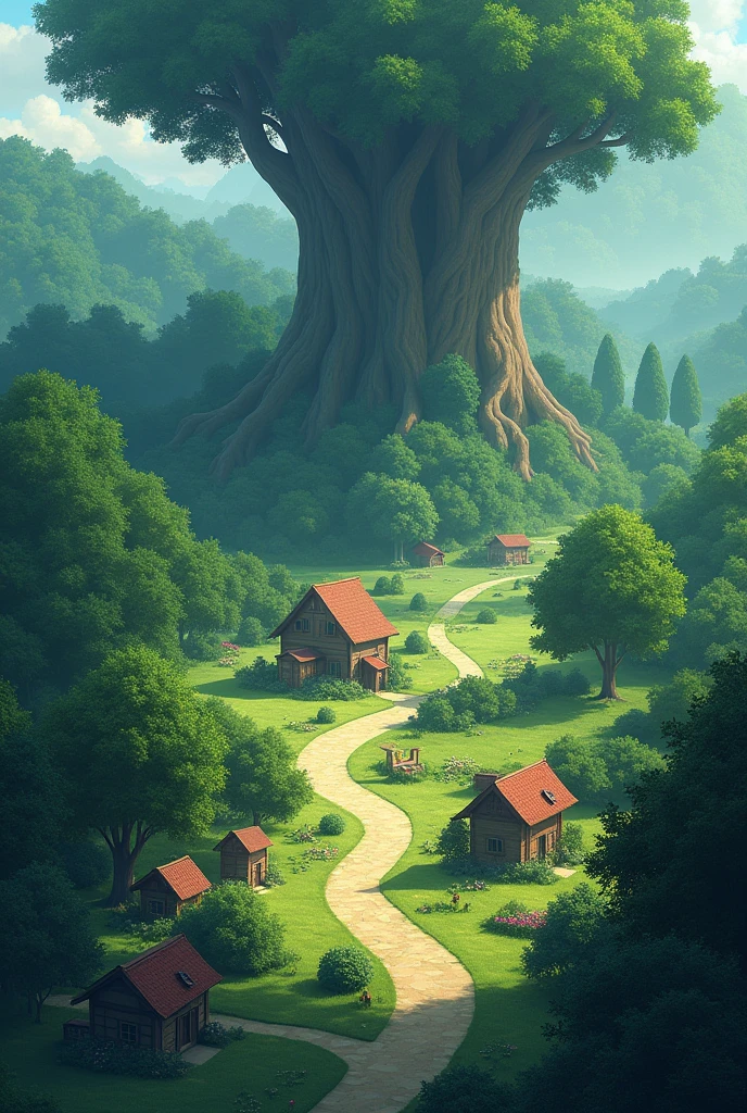 Un petit village paisible entouré par une grande forêt dense. Les maisons sont simples, et la forêt semble lointaine, avec des arbres imposants en arrière-plan. Image 4d