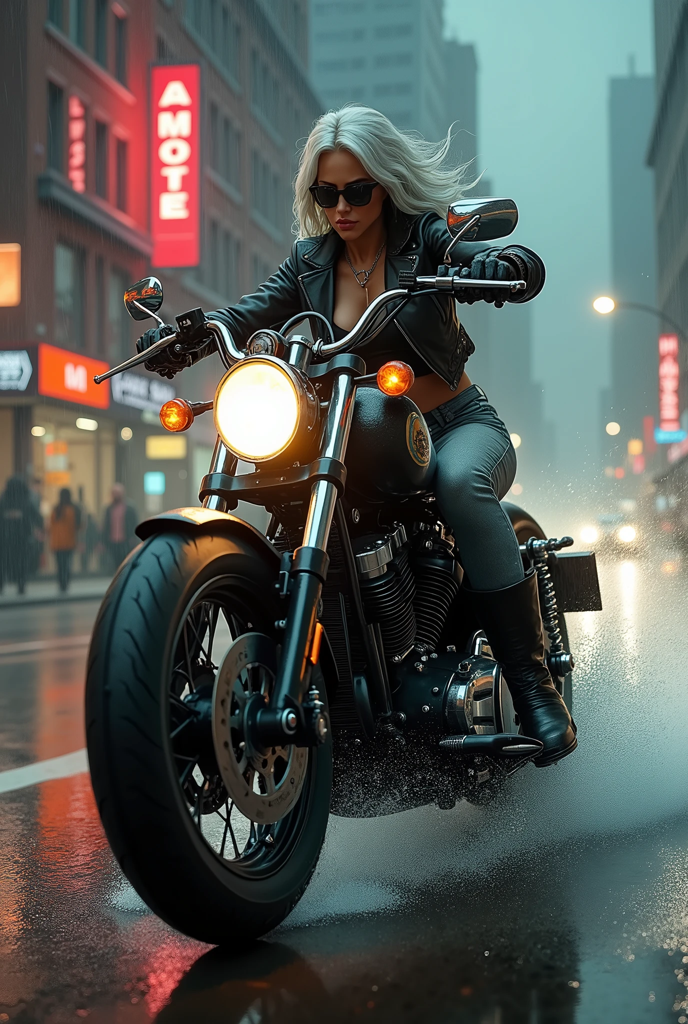 Hard Locker、Heavy Metal、Bad Girl、A tall, beautiful girl with long legs、Riding a big bike、Coming running、Hard braking、The bike is tilted、Rain-soaked road、A large amount of water splashes up、Leather jacket、Light grey tight denim、Hard Leather Boots、Silver Hair、Armament、Dispute、Dark big city street、sunglasses、Tattoo