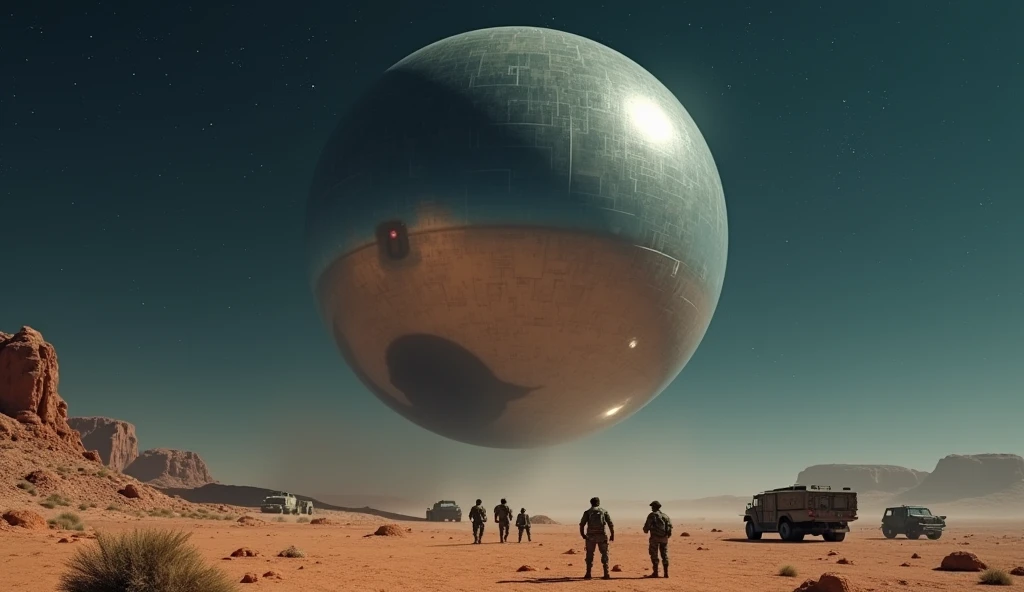 A massive smooth mirror-surfaced sphere hovers silently above the desert floor at night, various military vehicles and soldiers cluster underneath the sphere, photo realistic