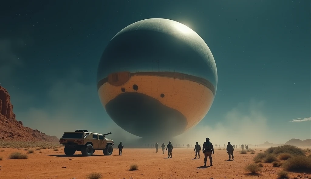 A massive smooth mirror-surfaced sphere hovers silently above the desert floor at night, various military vehicles and soldiers cluster underneath the sphere, photo realistic