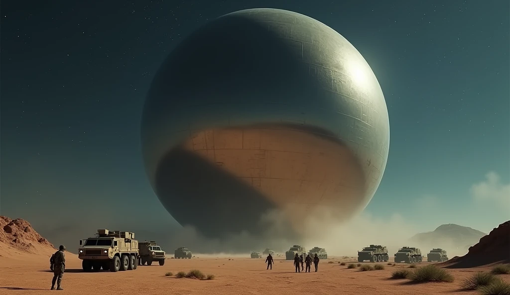 A massive smooth mirror-surfaced sphere hovers silently above the desert floor at night, various military vehicles and soldiers cluster underneath the sphere, photo realistic