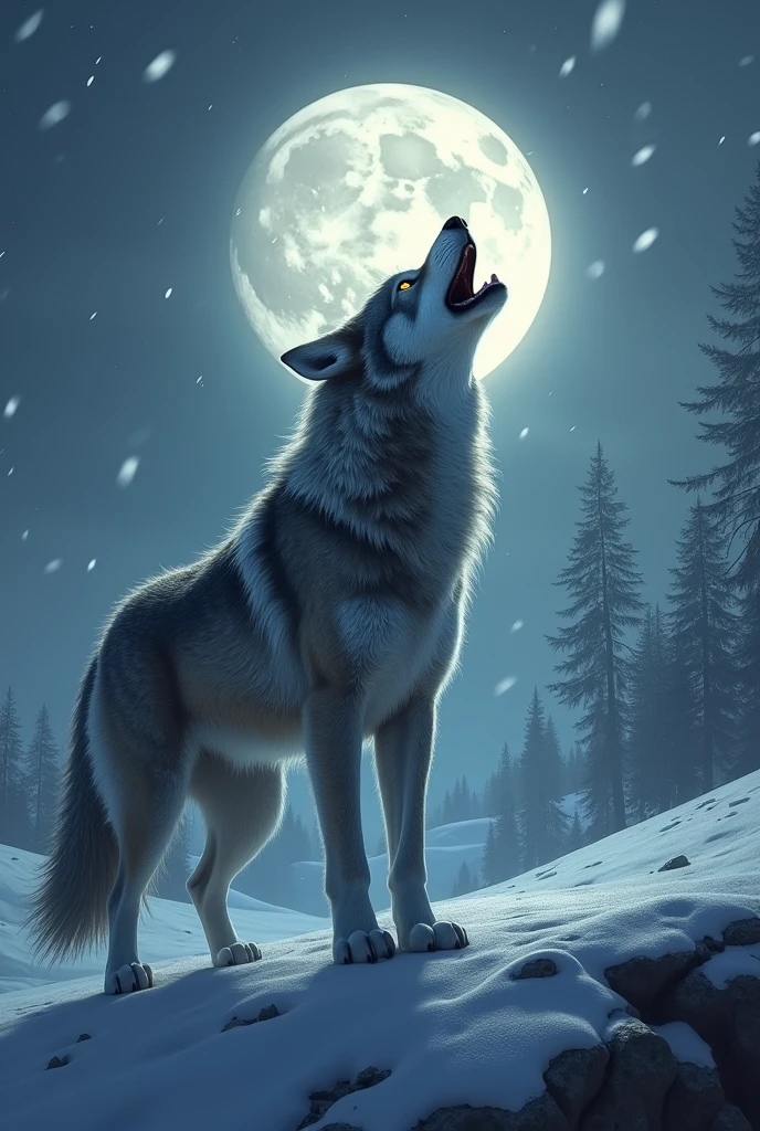 Wolf in snowfall hill in night with moon
He is roaring