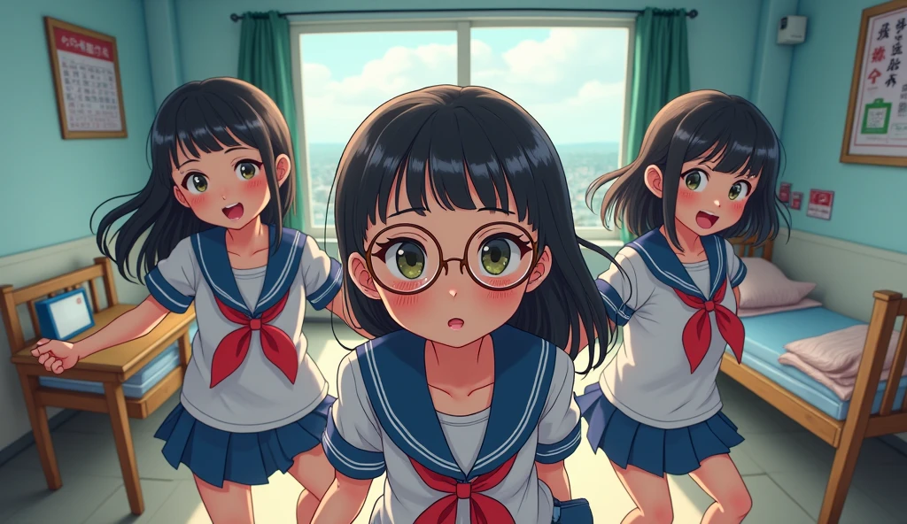Four girls in school uniforms in the dormitory,There is a person wearing glasses,Second Dimension,Chinese style,comics,cartoon,4K HD pictures,Wide-angle viewing angle,There is a desk,Two bunk beds,Prepare to escape from campus,A little hurt,16:9 specifications,Horizontal screen,large wallpaper,Handsome,Cool cover image,sd painting,Colorful