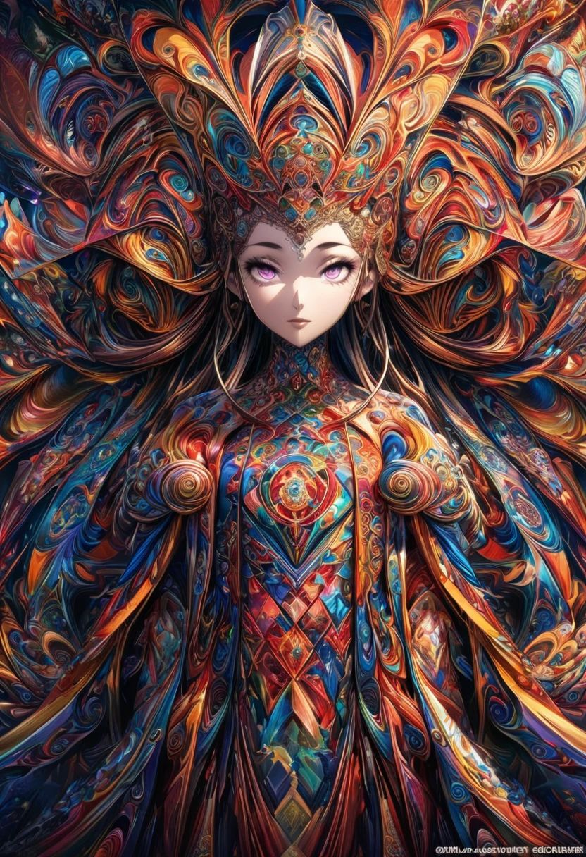 Ink painting, (((1 girl )), (((Tattoo in the middle of the forehead))), (((Oiran))), (((Great hair accessories))), Demon possession, , (((Masterpiece、Top quality للصورة、Highest quality、وحدة Very detailed 8kWall paper))), ((And covered with jewelry, an illustration of a single girl、All body covered))、(((beautiful girl))), (Masterpiece, Top quality, Best quality, Official art, Beautiful and aesthetic:1.2), A girl stood alone in front of an amazing work of art., Her eyes are wide with admiration., (Very detailed), Face up close, (Fractal art:1.3), All body covered بدقة, The intricate patterns and colors of the Fractal artwork surrounded her, Every line and curve is carefully designed..Colorful spirals and geometric shapes blend seamlessly., Resulting in the creation of a stunning piece that captured the essence of abstract beauty.. (Top detailed), Every little detail is meticulously drawn., She invited viewers to explore the depths of art and lose themselves in its complexities..