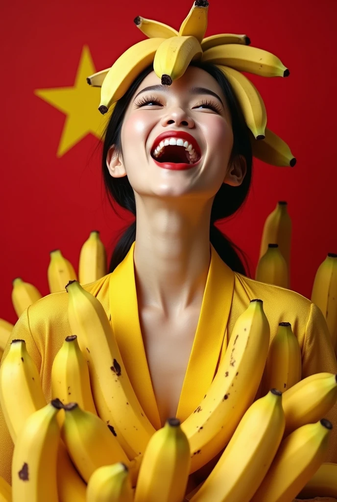 1 beautiful Chinese woman in her 30s。Facing forward、Mouth wide open。The expression is、Sexually lewd expression、Ecstatic expression、I feel a strong sense of ecstasy。The head is peeled、Wearing a large real peach。The chest is wide open。There are peaches all around。Covered in peaches。Fully clothed。Background、In the colors of the Chinese flag。9:In 16 sizes。Highest quality、A masterpiece please。