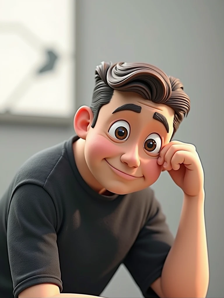 Cartoon character of a man in a black shirt, Animated Character, stylized character, animation style rendering, 3d stylized, Arnold Maya render, 3D rendering stylized, cartoon rendering keyframe, 3D character, 3D character, 3D rendering stylized, 3D rendering of characters, cartoon character, Character close up, Character pose, (Pixar Style) (main part:1.2) (hips) (Best quality) (detailed skin) (detailed texture) (8 K) (clay) (cinematic lighting) (Sharp Focus，Sit down and lift your upper body.