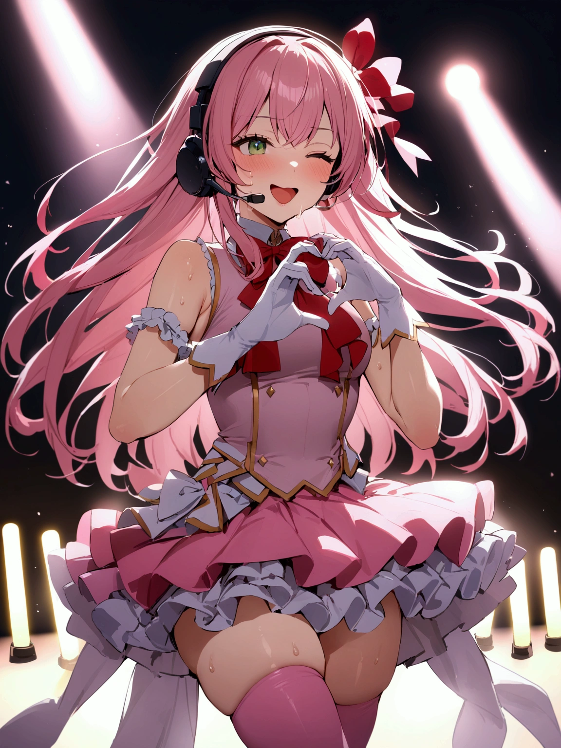 masterpiece, best quality, very aesthetic, absurdres, 1girl, solo, pink hair, long hair, hair ribbon, ribbon, bangs, green eyes, one eye  closed, smile, open mouth, faint lips, headset, idol, idol clothes, red bow, pink dress, frilled dress, frills, gloves, white gloves, thighs, skindentation, pink thighhighs, white boots, sweat, music, singing, heart hands, on stage, stage light, spotlight, glowstick, penlight (glowstick)