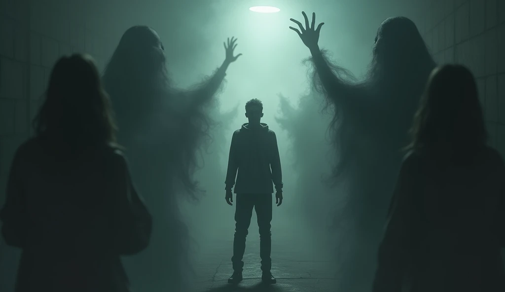 "An image of a person standing in a dimly lit room, surrounded by shadowy, fog-like figures representing doubt and fear. The person looks conflicted, their face showing a mix of fear and determination. The shadows loom over them, but a faint light is visible in the distance, symbolizing hope and clarity."