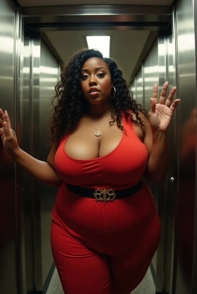 Pov of your eyes when in front of you is Cardi B's fat stepmother who wants to suck your cock when you are stuck in the elevator and shows off her plus size body and big breasts.. fisheye camera view, iphone camera style. 8k hd, realface, cinematic, Hard detail, extreme long shot, high shapering image
