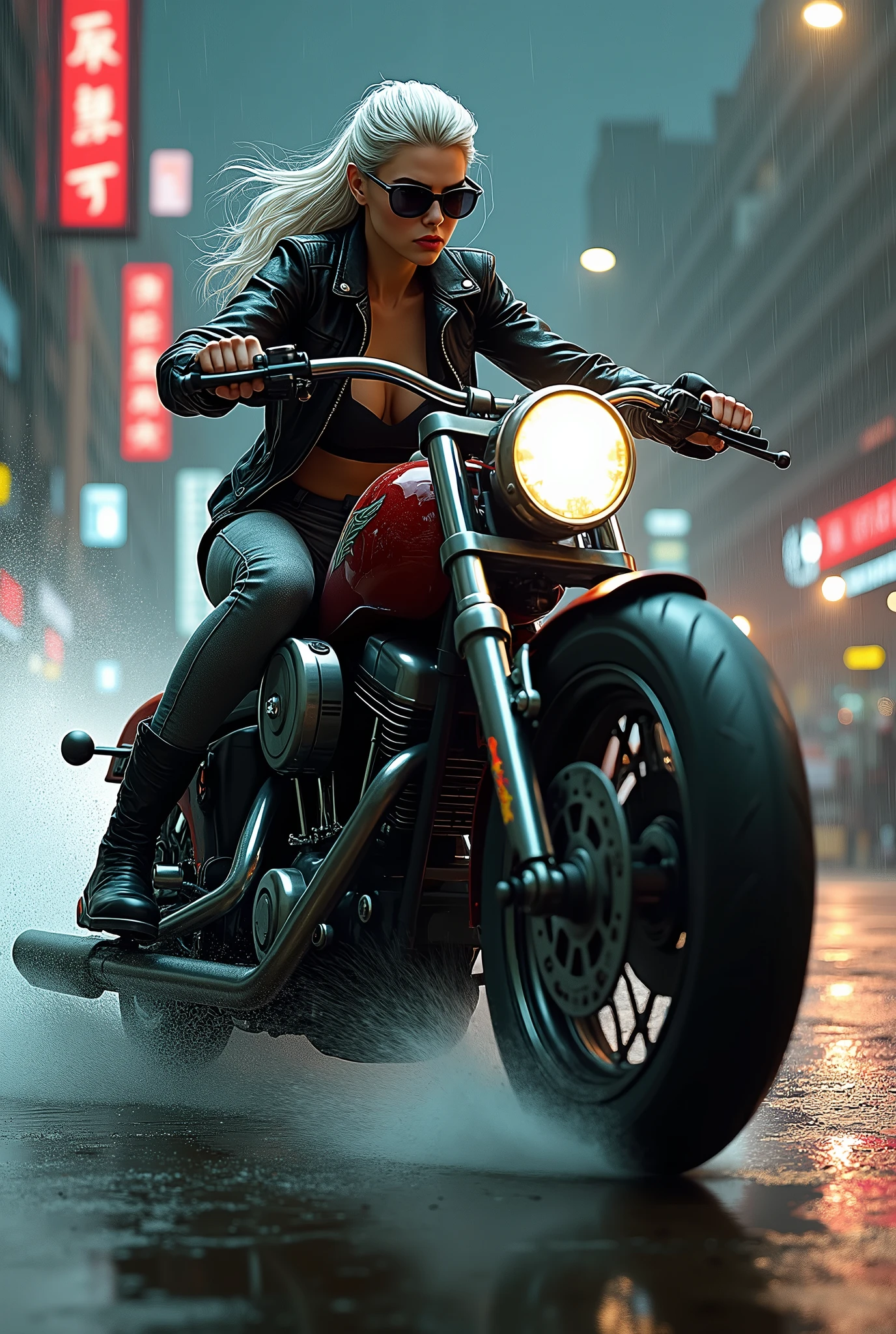 Hard Locker、Heavy Metal、Bad Girl、A tall, beautiful girl with long legs、Riding a big bike、Coming running、Hard braking、The bike is tilted、Rain-soaked road、A large amount of water splashes up、Leather jacket、Light grey tight denim、Hard Leather Boots、Silver Hair、Armament、Dispute、Dark big city street、sunglasses、Tattoo