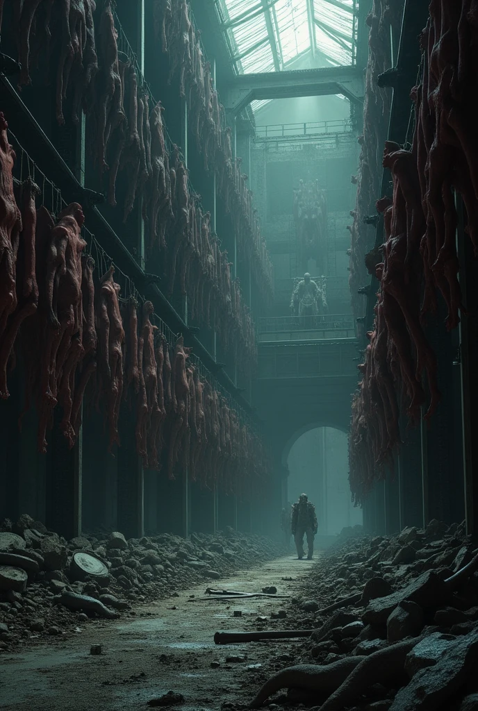 create an image of a human meat warehouse amidst dark rubble