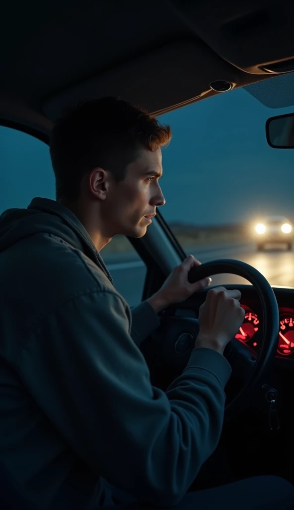 Young man holding the steering wheel and seeing the fuel gauge in the middle of the night In a deserted place
