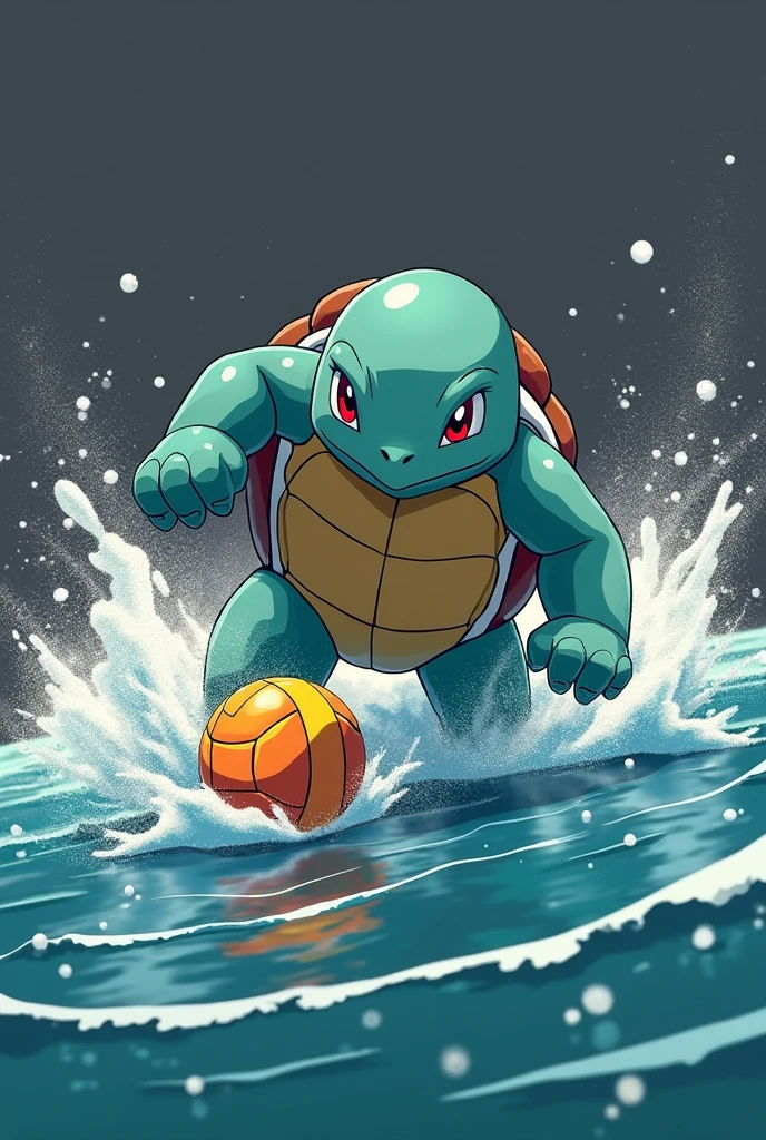Create an design of Ash's squirtle playing water polo on blackish grey background