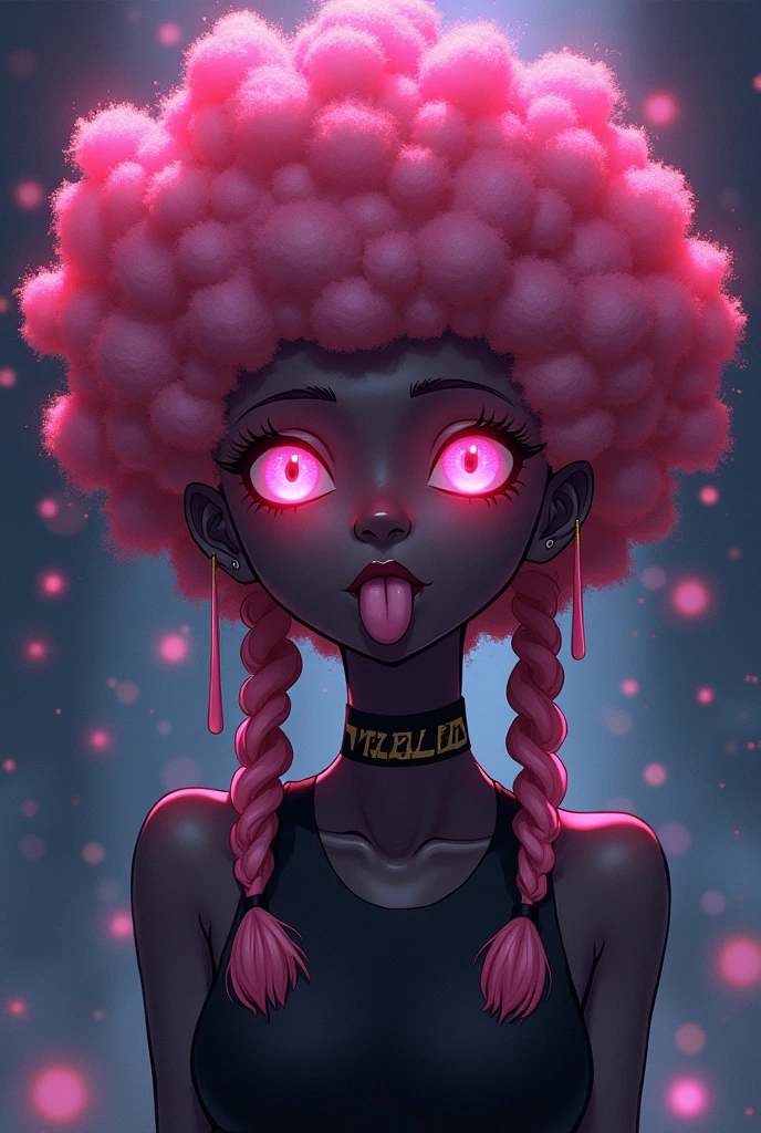 Solo, Langue Sortie, Lueur dans les Yeux, yeux rosesCheveux Roses, cheveux afro,Cheveux Brillants, , peau de couleur noire ,style anime Tresses Jumelles,