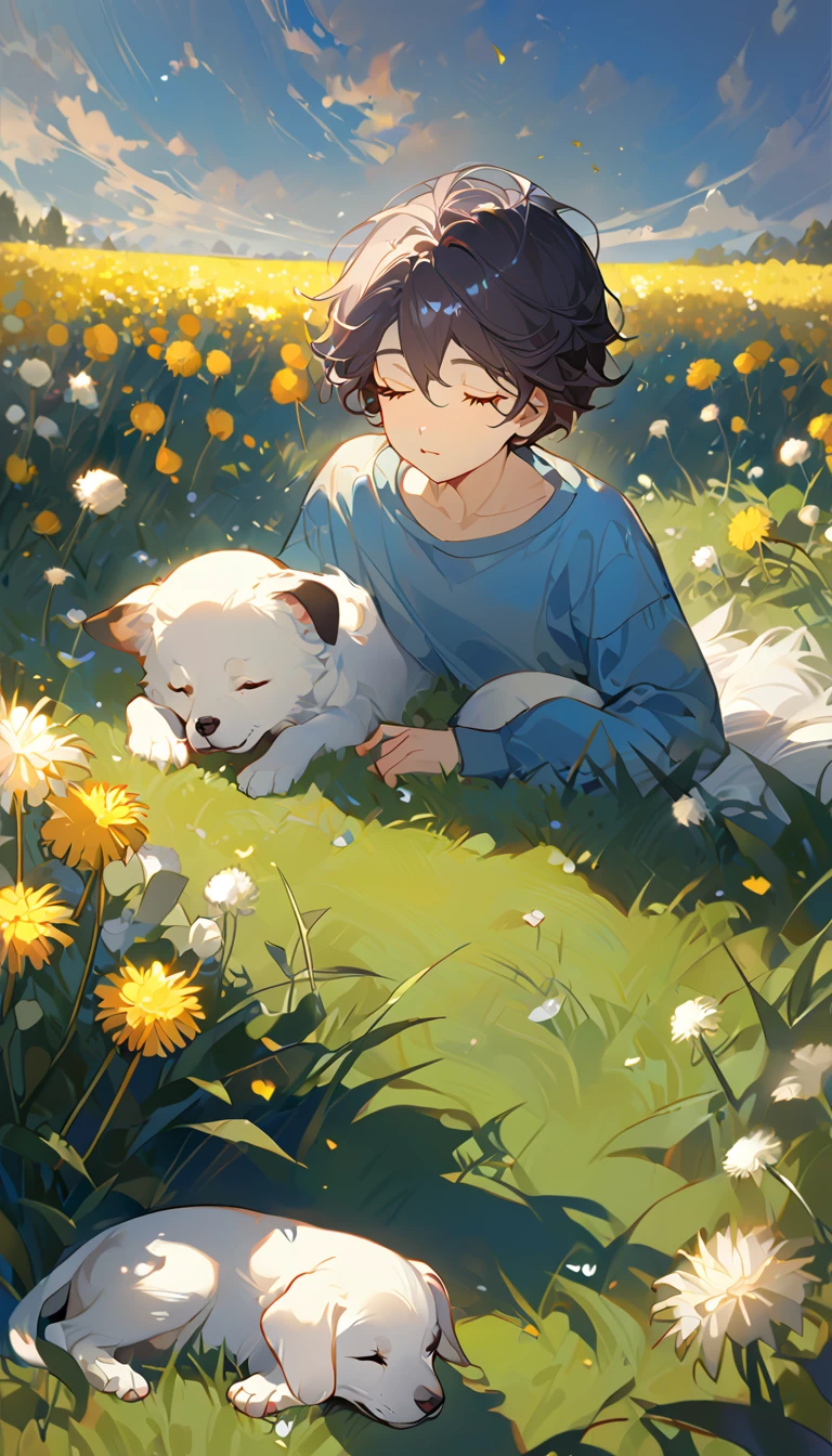 masterpiece, best quality, 8k, 4k, 1boy, kid, sleeping, dark blue hair with red es, blue long sleeve shirt, short pale brown pants with pocket, lay down on the field, white puppy sleeping next to the boy, siberian white puppy, white dandelions fields, dandelions Taraxacum erythrosperm, wind blowing, sleeping on the fields, finely detailed eyes and detailed face, inspired by Asukaziye artist : ask, art style : ask