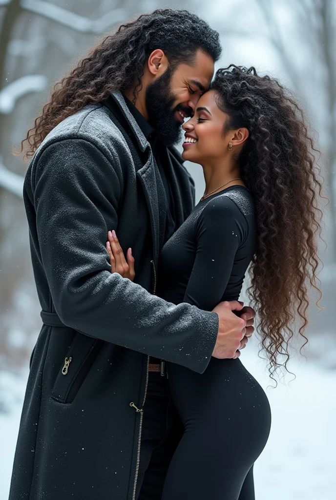 A man of 1,80 cm, with light brown skin, lots of very long, curly black hair, beard a little big and well done, with small eyes, very large and strong arms and legs of a 100kg muscular athlete, strong chest and shoulders, wearing rock style clothes, black jersey, black coat and black pants in a snowy environment in the background and a happy and cheerful person's personality. This man hugs a woman with slightly darker skin and slightly smaller size 1,65 cm, with very curly and well-defined 3a style hair and a body reminiscent of a professional dancer, with a personality and expression that she loves the man very very much and that she is happy to be in his arms. The man has slightly lighter skin than the woman and is wearing a coat