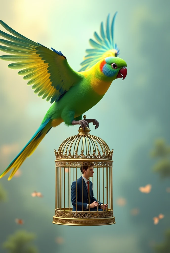 Create an art of a parakeet carrying a man in a cage