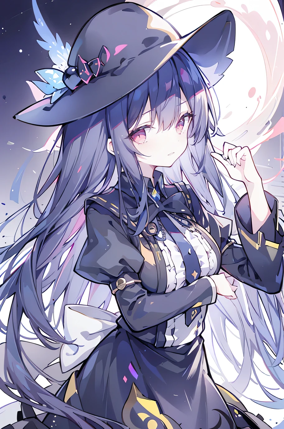 oung Girls,Humanity,A magician always smiles,big witch hat,cute,dark blue long hair,The eyes are dull,The bangs are heavy,Thin eyebrows,fantasy,intake,Double teeth,Star Theme,Constellation pattern,Solid color clothetal decoration,cloak,A bit of a dark atmosphere,A little crazy smile,When the big moon shines outside at night,blood,Hair black star embellishment,Short tie,No nails,High waist skirt,Bell sleeves,Long-sleeved shirt,Black tie,low risk,gentlemen。crap、Yellow and white effect，Shocking pink as an accent color，Big breasts, 